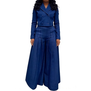 Conjunto de 2 Piezas de Moda Profesional para Mujer, Blusa con Cuello de Traje y Pantalones Anchos de Mezclilla - Product Image 4