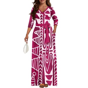 Vestito da donna taglie forti di tendenza, elegante e lungo, con scollo a V e maniche lunghe, motivo tatuaggio polinesiano samoano - Product Image 1