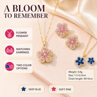 Ensemble collier, boucles d'oreilles et bague en acier inoxydable motif fleur à cinq pétales, tendance, légèrement luxueux, avec micro-incrustations, bijoux de fête