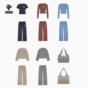 F5653 Conjunto de ropa de descanso con cordón a rayas y logotipo personalizado Top corto de manga larga Pantalones de pijama de pierna ancha Traje informal Ropa de dormir - Product Image 5