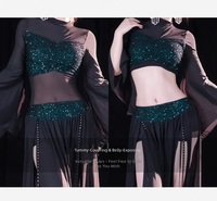 Costume de danse orientale en maille à porter de deux façons pour femme, avec haut à sequins, manches longues en maille et fente haute, pour scène et compétition