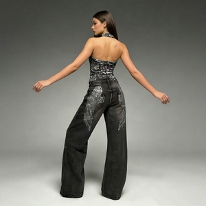 Pantalones vaqueros <span class=keywords><strong>de</strong></span> mezclilla <span class=keywords><strong>de</strong></span> mujer al por mayor, casuales, lavados, desgastados, con estampado <span class=keywords><strong>de</strong></span> alas degradado, remachados, vintage, <span class=keywords><strong>de</strong></span> cintura alta, holgados y <span class=keywords><strong>de</strong></span> pierna <span class=keywords><strong>ancha</strong></span> - Product Image 5