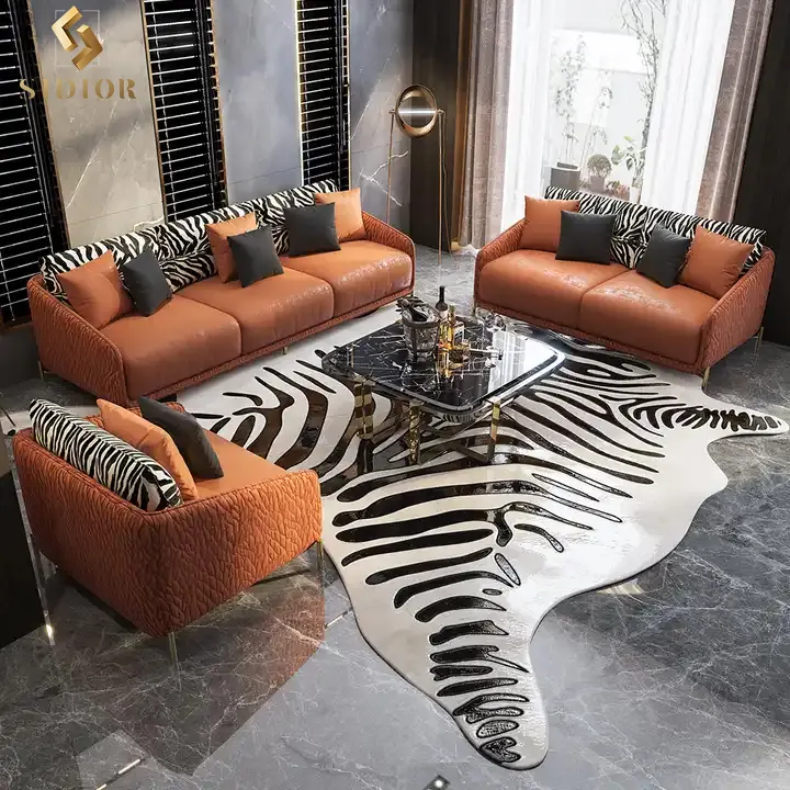 Promocional luxo sofá conjunto sala moderna alta qualidade ouro tigre pele padrão italiano 1 2 3 seaters casa sofás de luxo