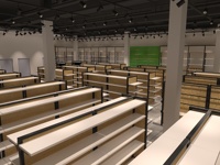 Solution de rayonnage pour supermarché et boutique à prix réduits (Miniso) avec conception de plan de présentation et dessin 3D