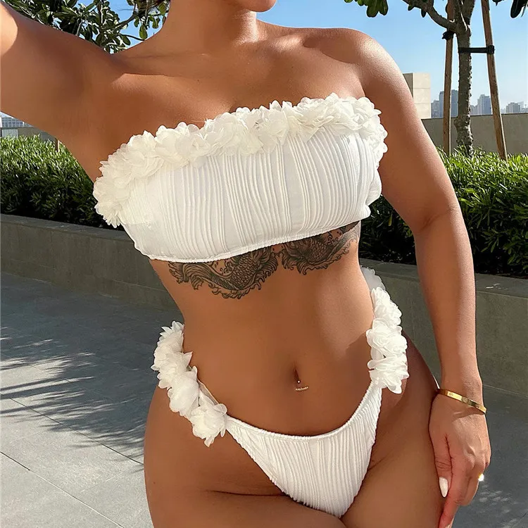 Ruffle Solid Badpakken Bandeau Beachwear Bandage Ondergoed Womens Badmode Bikini Swim Suit Set 2021