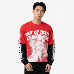 <b>Red</b> <b>Long</b> <b>Sleeve</b> Unisex Acid-Wash High Quality ODM Gothic Graphic 160g 100% Cotton Knitted Oversized Summer Fashion Street Style - Product Image 1