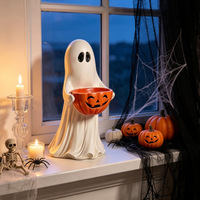 Statue en résine peinte à la main, motif citrouille fantôme d'Halloween, servant de bol à bonbons, d'ornement de table, de support de rangement pour fêtes et de cadeau