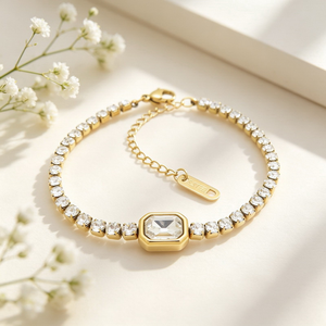 Pulsera de tenis de moda con circonita cúbica brillante con corte esmeralda en el centro, de acero inoxidable, sin níquel, chapada en oro de 18 quilates, para bodas, fiestas y aniversarios - Product Image 3
