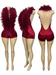 Trendy damesmode, strakke, rugloze, glanzende jumpsuit met bont, casual sexy club bodycon jumpsuit, dames jumpsuit in één stuk - Product Image 5