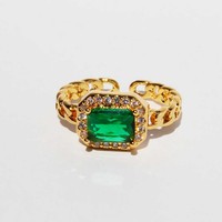 Bague Classique Ajustable Plaqué Or 18 carats avec Chaîne à Maillons et Zircon Cubique Rectangulaire Taille Émeraude Baguette pour Femme