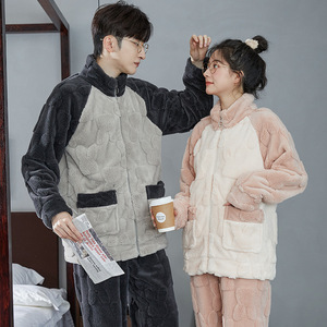 Pijamas portátiles para mujeres y hombres en otoño e invierno. Cremallera <span class=keywords><strong>de</strong></span> cuello alto <span class=keywords><strong>de</strong></span> franela gruesa con <span class=keywords><strong>terciopelo</strong></span> coral para parejas - Product Image 3