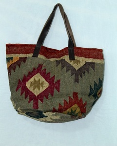 Antique Handmade Indian Tote <b>Bag</b> Women Cotton Jute Leather <b>Strap</b> Bohemian Vintage Style Large Capacity Lightweight <b>Shoulder</b> <b>Bag</b> - Product Image 2
