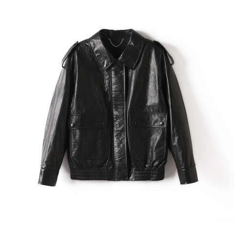 2332-2 Custom Cowhide Leather Coat Long Sleeves Solid Color Loose Casual Women's Leather Jacket Vintage