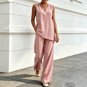 Women's Casual V-neck Sleeveless Cotton <b>Linen</b> Top And Wide Leg Pants Two Piece <b>Set</b> Smlxlxxl3xl Solid Color - Product Image 3