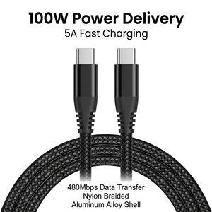 PD 100W ยูเอสบี ประเภท ซี<span class=keywords><strong>สาย</strong></span>เคเบิล 5A <span class=keywords><strong>ชาร์จ</strong></span>เร็วสายไนลอนถัก 480Mbps ซิงค์ข้อมูลอลูมิเนียมอัลลอยด์คอนเนคเตอร์สำหรับ<span class=keywords><strong>ไอ</strong></span>โฟน - Product Image 1