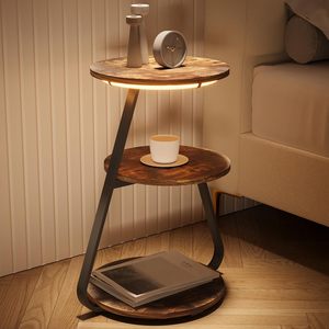 Tavolino da Caffè Moderno con Luci LED a 3 Colori, Ripiani di Stoccaggio a 3 Livelli, Struttura in Acciaio e Piano in Legno, Design Pieghevole - Set per Soggiorno e Camera da Letto - Product Image 1