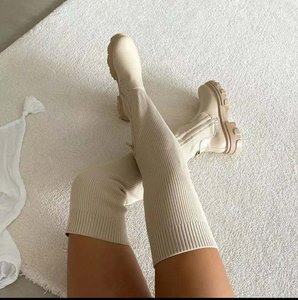 2024 nouvelles bottes au genou femmes talon épais mince hiver respirant tricoté haut du corps bottes élastiques grandes cuissardes bottes - Product Image 6