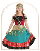 Robe de style bohème gitan pour filles avec pompons dorés et bordure à paillettes, costume de danse flamenco pour enfants, costume de performance cosplay