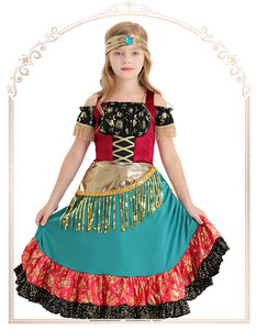 <span class=keywords><strong>Robe</strong></span> de style bohème gitan pour filles avec pompons dorés et bordure à paillettes, costume de danse <span class=keywords><strong>flamenco</strong></span> pour enfants, costume de performance cosplay - Product Image 3