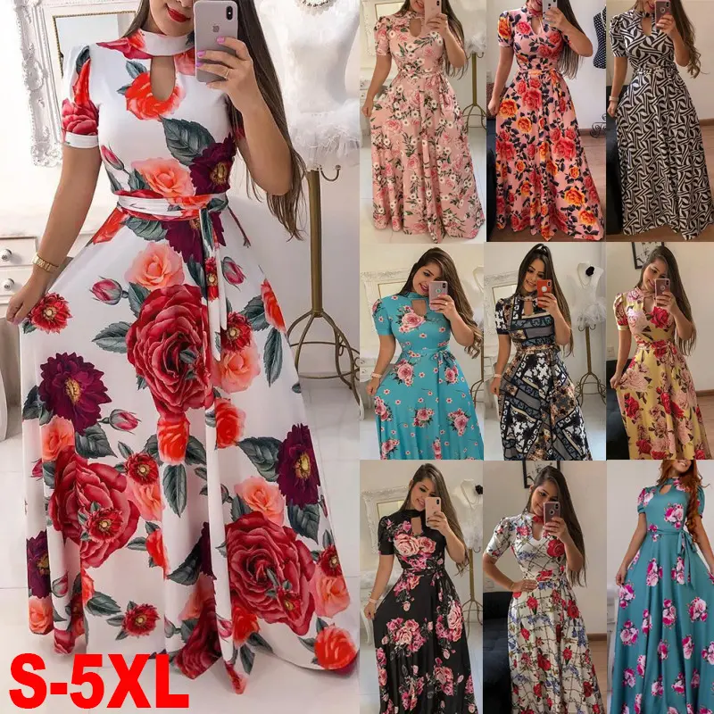 Frauen Elegant Plus Size Kleid Lässig Bohmia Blumen druck Maxi kleider Mode Aushöhlen Tunika Vestidos Kleid
