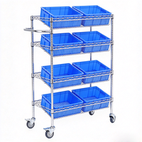 Chariot en acier inoxydable à 4 niveaux avec étagères en fil métallique inclinées et poignée en U pour garage et atelier