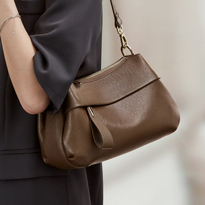 Genuine Leather <b>Shoulder</b> Bag Minimalist Design Zip Closure Single <b>Strap</b> Brown Color Daily Use Women's Handbag - Product Image 2