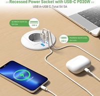 Prise ronde de table d'alimentation UE blanche et noire de 80mm avec USB C PD20W, prise intégrée avec prise USB de bureau, multiprise intégrée