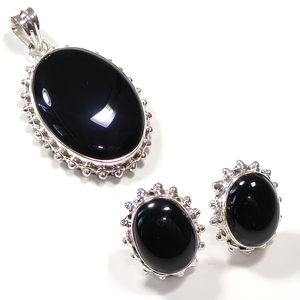 925 Sterling Silver Black Onyx Jewelry Set Pendant Earrings Oval Gemstone Beaded Setting Women's Classic Elegant Everyday Wear - Product Image 1