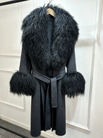 Manteau en cachemire et laine pour femme Janveny 2026, nouvelle collection hiver, avec col et poignets en fourrure de mouton de Mongolie véritable, ceinture, mélange de laine