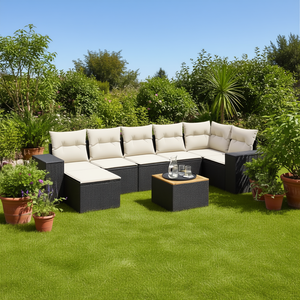 Ensemble de canapés de jardin en rotin noir avec structure en acier thermolaqué et bois d'acacia, mobilier d'extérieur haut de gamme - Product Image 2