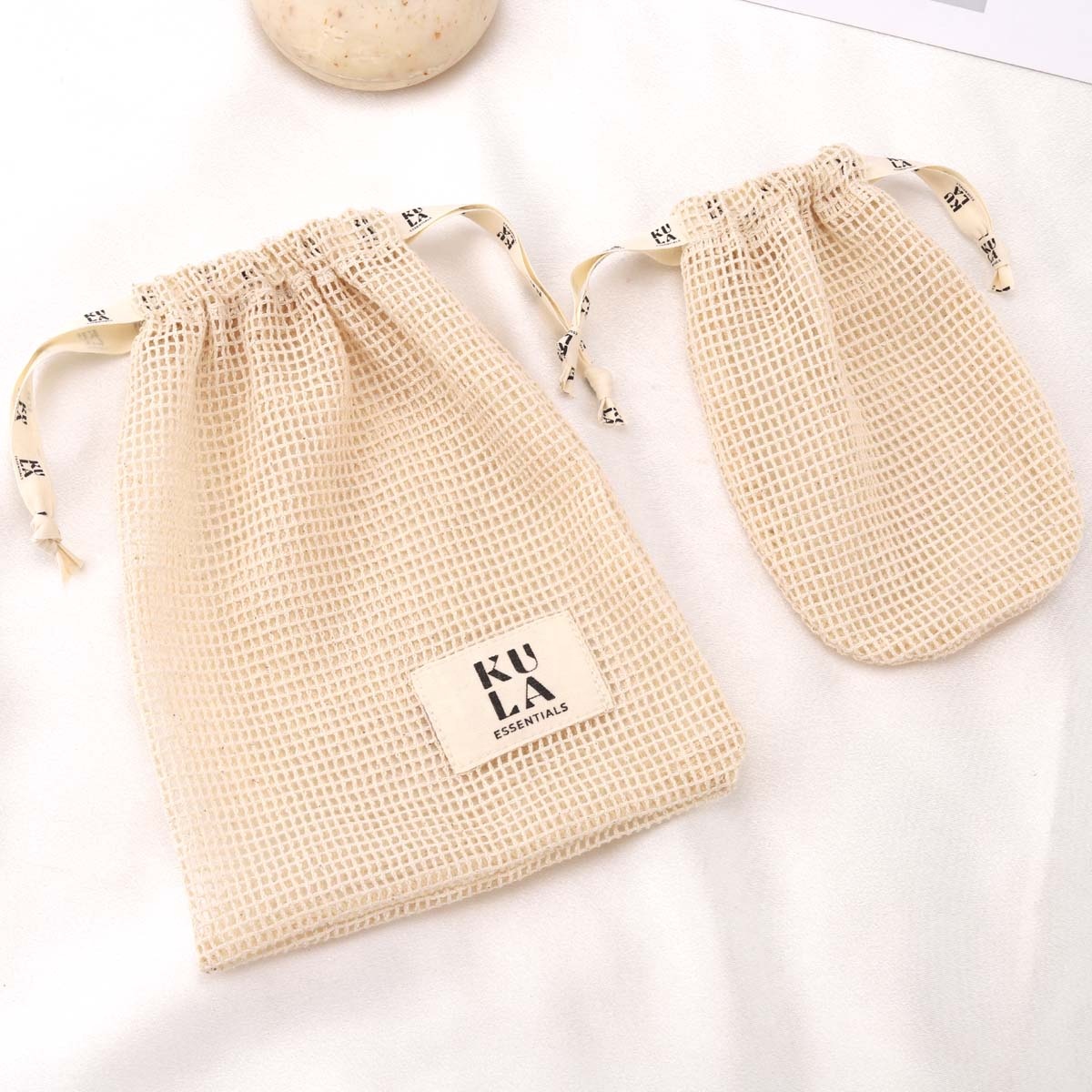Label Printed Natural Cotton Mesh Soap Bag Organic Drawstring Soap Pouch for Gift