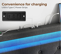Cadre de lit double avec station de charge et éclairage LED, lit rembourré en tissu avec tête de lit réglable et 4 tiroirs de rangement