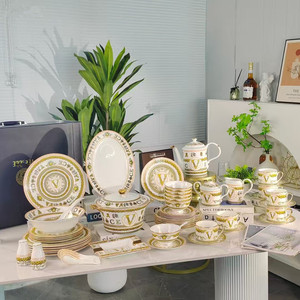 High Quality Eco-Friendly Pure Gold Embossed Bone China Dinner <b>Set</b> Classic Luxury Tableware for Weddings Home Hotels; <b>PC</b> Cup Kit - Product Image 1
