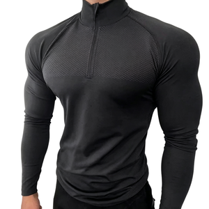Camiseta de Compresión de Manga Larga con Cuello Alto y Cierre de 1/4 para Hombre, Color Negro, Secado Rápido, Ajuste Deportivo, para Gimnasio y Entrenamiento, Ajuste Delgado, Tejido de Poliéster - Product Image 1