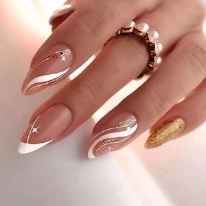30 Uñas Postizas Diarias con Forma de Almendra, Cobertura Completa, Ojo de Gato, Línea Francesa Dorada, Color Rosa, Diseño Francés de Alta Gama, Duraderas, de ABS - Product Image 1
