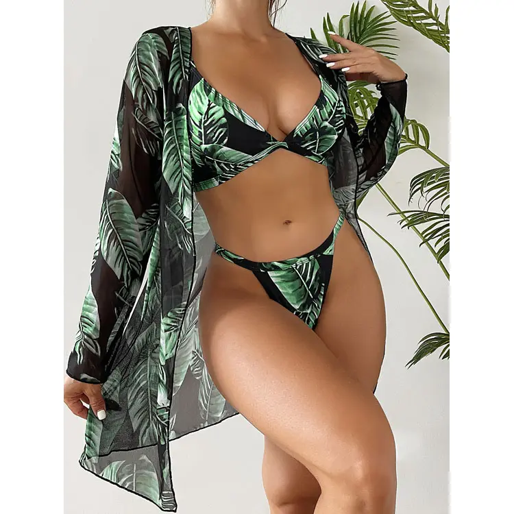 Green Leaf Print 3 Stuk Bikini Set Badpak Met Cover Ups Eenvoudig Ontwerp Vrouwen Sex Bikini