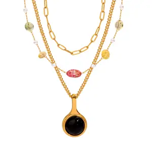 2024 New Arrivals Natural Stone Jewelry Colorful Charm Tiger Eye Black Onyx Stone Agate Layering Gold Necklace For Girls