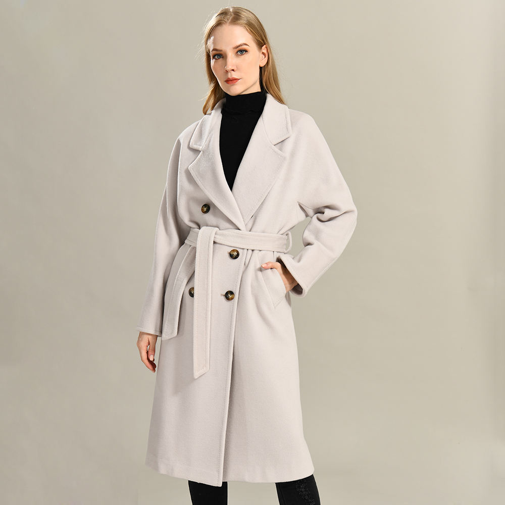 New Design Autumn Ladies Double Side Cashmere Wool Trench Coat With Belt  Real Fur Collar Long Wool Coats Women