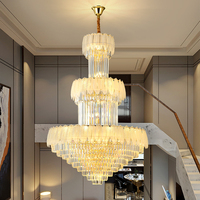 Lustre de villa à deux étages à hauteur réglable personnalisé, abat-jour en cristal, finition dorée LED, garantie de 5 ans pour salon duplex