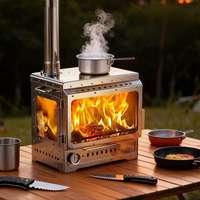 Poêle à bois de camping en acier inoxydable pour tente chaude d'hiver avec fenêtre en verre 390x215mm et poignée de transport