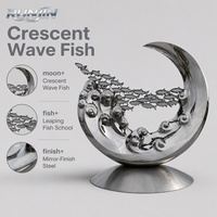 Grande sculpture d'art métallique extérieure en acier inoxydable miroir, motif vague de banc de poissons croissant, pour jardin et place publique, fabrication sur mesure