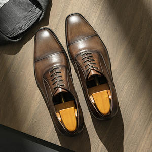Men's Four Seasons genuine leather shoes, square leather, business style with laces, Oxford style, wedding theme - Product Image 1