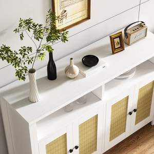 ห้องครัวขาตั้งไมโครเวฟห้องนั่งเล่น MDF Media คอนโซลตู้ฝรั่งเศส TV ตู้ไซด์บอร์ด 2 ประตูหวายชั้นวางที่ถอดออกได้ - Product Image 4