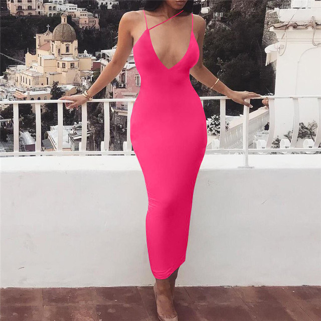 T1414 New Summer Women's Sexy V-neck Halter Dress Dress With Backless Pure  Color Full-body Skirt Tight Dress Women| Alibaba.com
