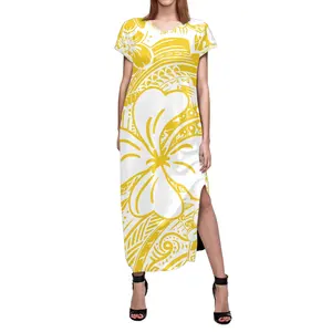 Hot Sale Polynesia Yellow Textured Floral Print Custom Short Sleeve Slit Long Skirt Polynesian Samoan Dresses For Women Vacation