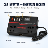 Convertisseur de courant pour voiture 150W 12V/24V vers 220V avec ports de charge rapide, chargeur automobile portable, convertisseur de courant 4 ports USB, chargeur de voiture