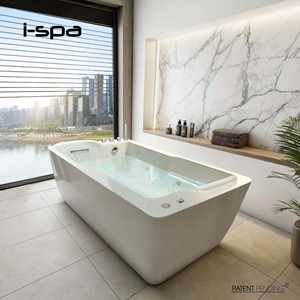Bañera independiente Fiance con hidromasaje, diseño moderno de acrílico blanco y piedra artificial. - Product Image 3