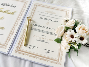 Letras acrílicas doradas 3D, folleto personalizado Nikah Nama, certificado de nombre de signo <span class=keywords><strong>Nikkah</strong></span> con invitaciones de boda de terciopelo blanco - Product Image 3