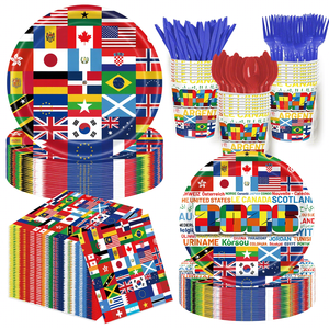 Juego de Vajilla Desechable con Diseño de Banderas Internacionales <span class=keywords><strong>para</strong></span> <span class=keywords><strong>Fiestas</strong></span> de Cumpleaños, Platos, Vasos, Servilletas, Cubiertos, Mantel - Product Image 2