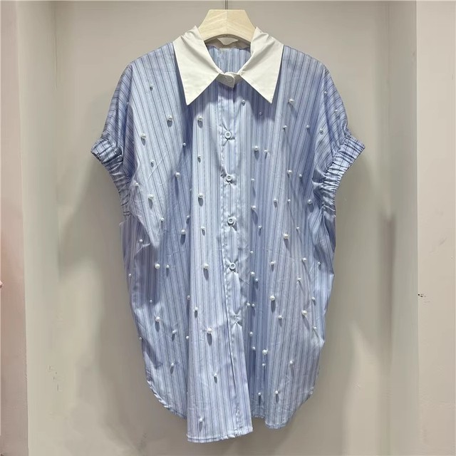 Blue & White Striped Woven Fashion Blouse-Beading & Balloon Sleeves for Spring/Summer